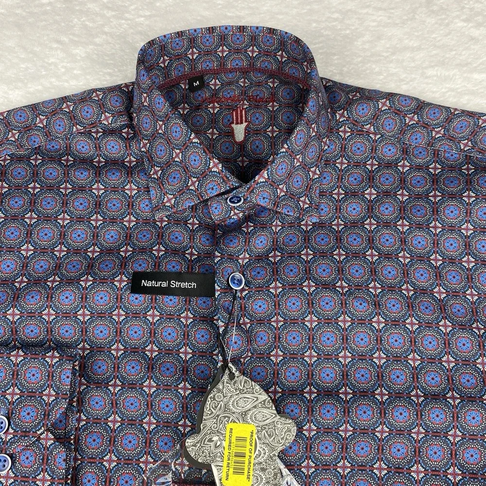 Visconti Black Shirt Mens Medium Blue Geometric w/Mask Regular Fit Stretch NWT!